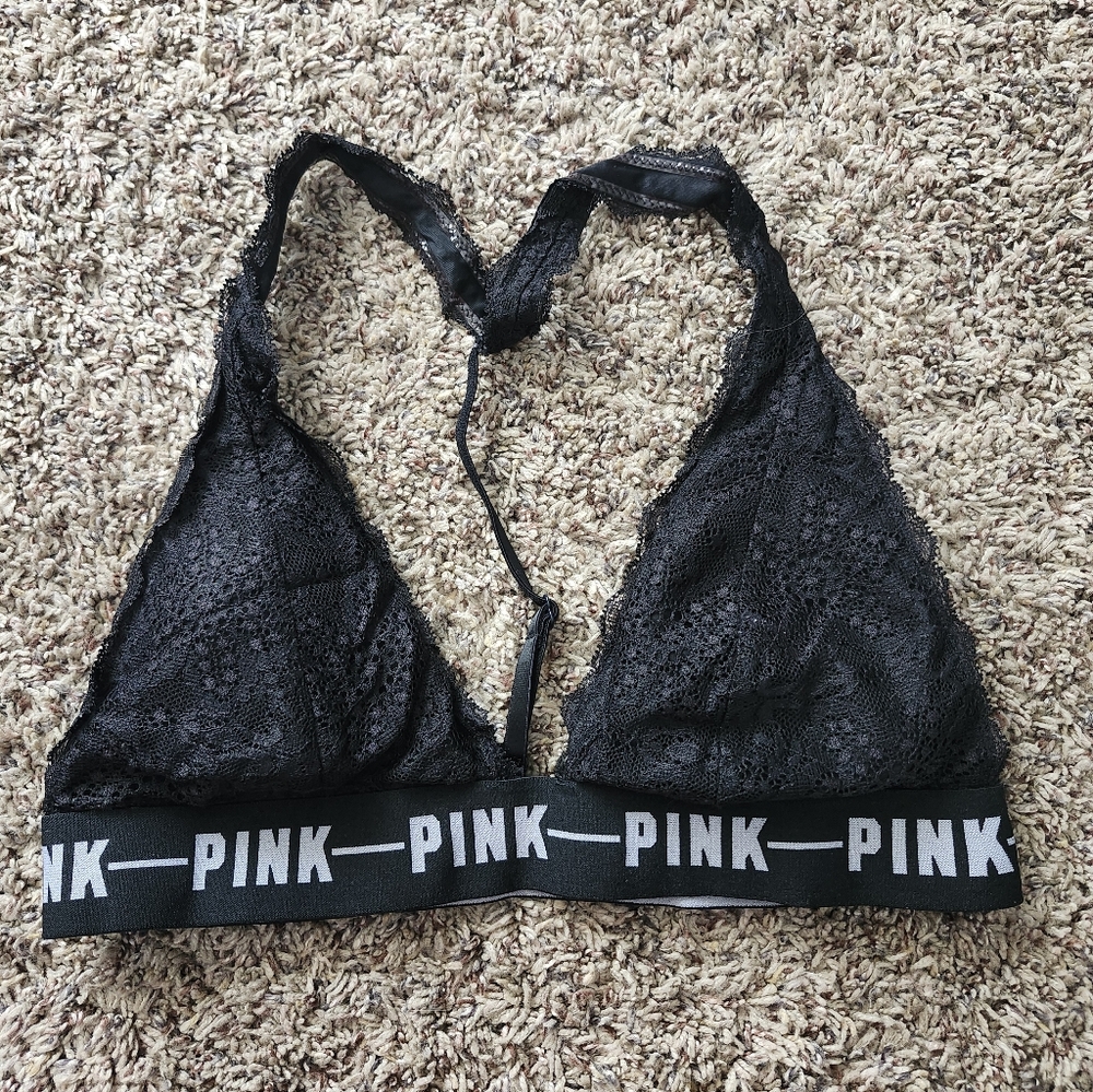 PINK Victoria's Secret Black Lace Halter Bralette